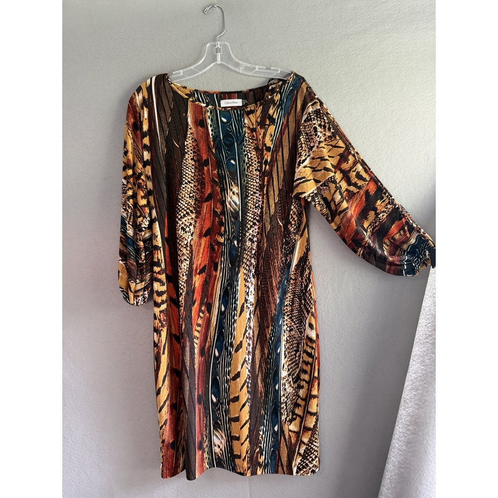 Calvin Klein Dress Womens 6 Multicolor Animal Print Boat Neck 3/4 Sleeve Shift